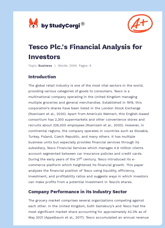 Tesco Plc.'s Financial Analysis for Investors. Page 1