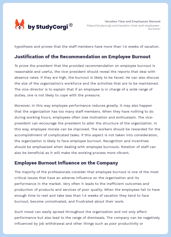 Vacation Time and Employees' Burnout. Page 2