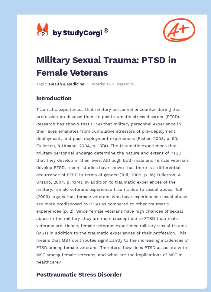 Military Sexual Trauma: PTSD in Female Veterans. Page 1