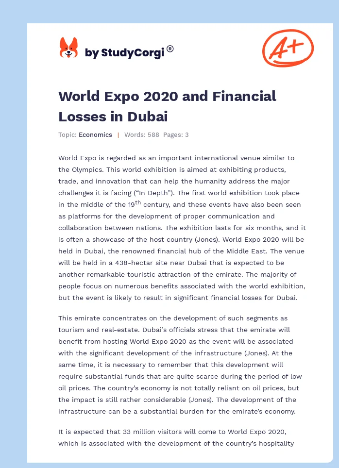 World Expo 2020 and Financial Losses in Dubai. Page 1