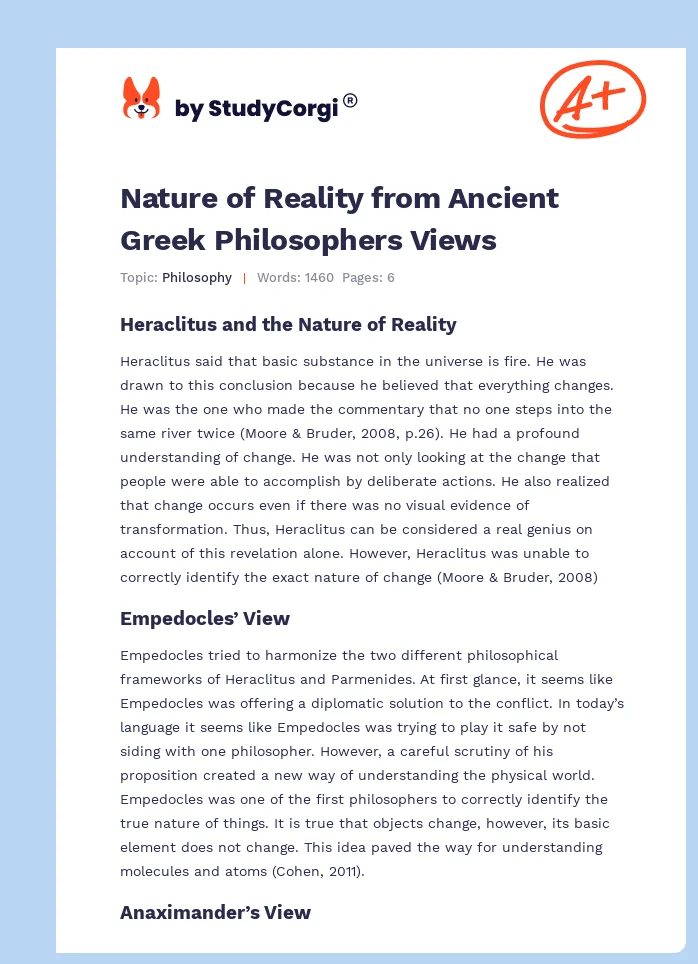 Nature of Reality from Ancient Greek Philosophers Views. Page 1