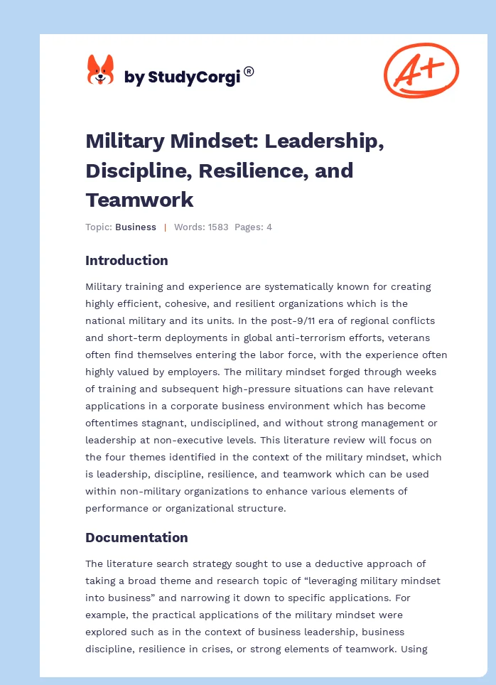 Military Mindset: Leadership, Discipline, Resilience, and Teamwork. Page 1