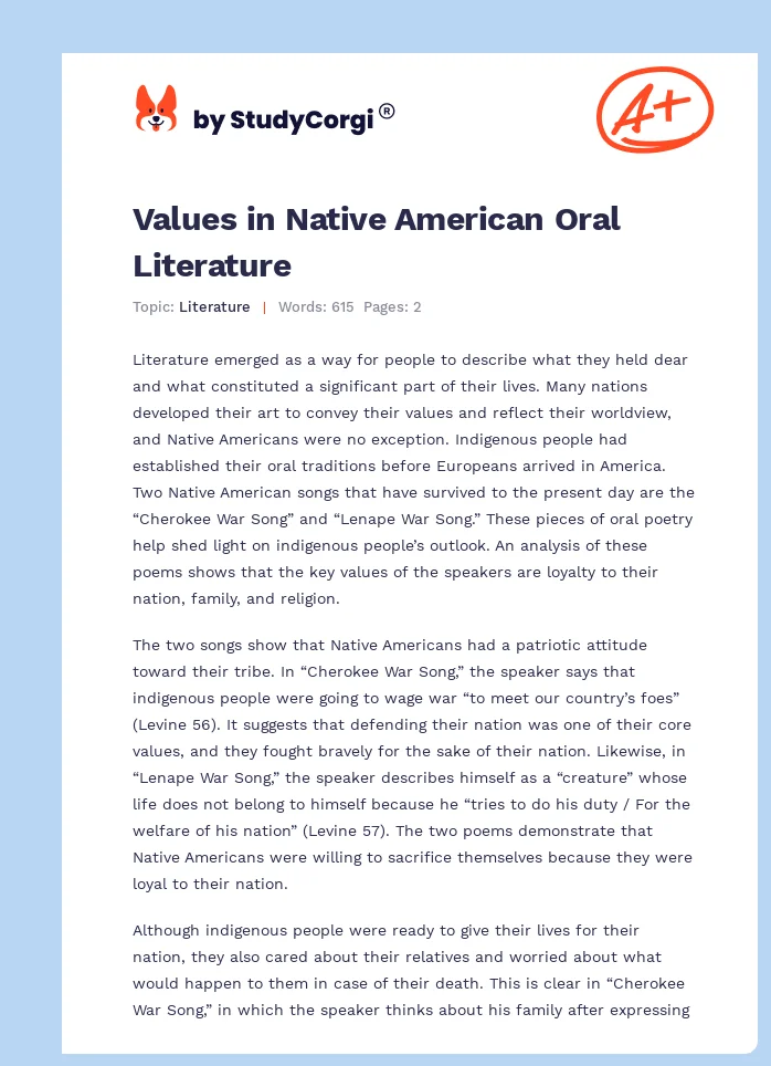 Values in Native American Oral Literature. Page 1