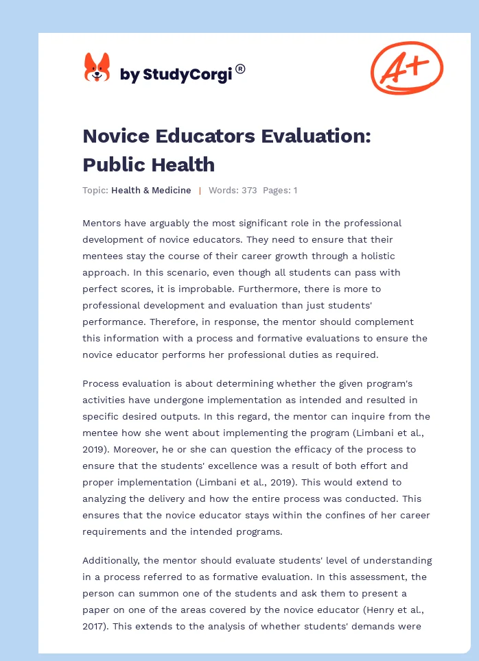 Novice Educators Evaluation: Public Health. Page 1