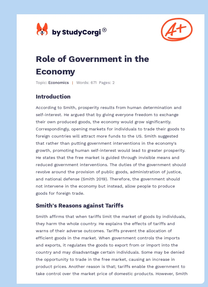 Role of Government in the Economy. Page 1