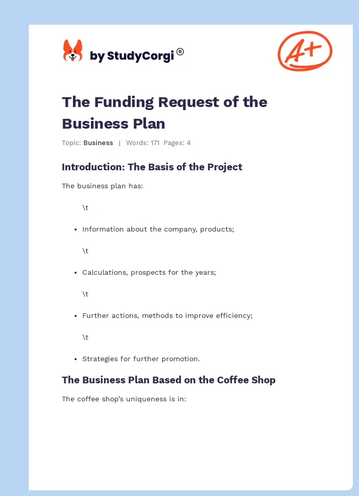 The Funding Request of the Business Plan. Page 1