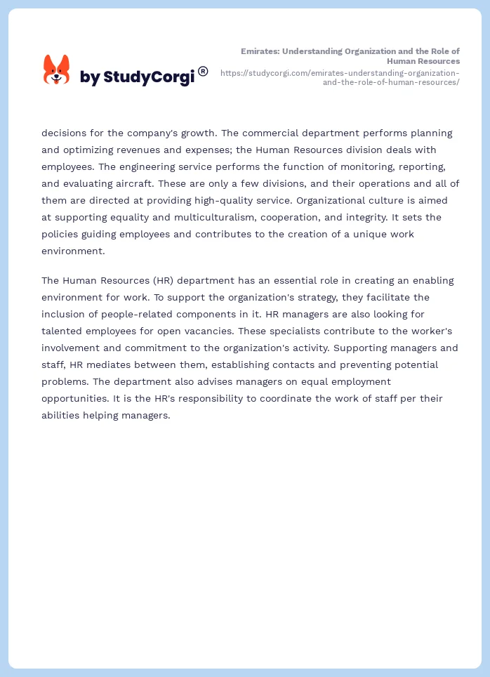 Emirates: Understanding Organization and the Role of Human Resources. Page 2