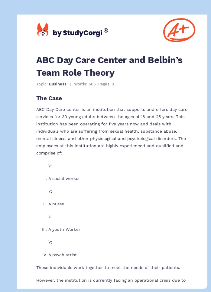ABC Day Care Center and Belbin’s Team Role Theory. Page 1