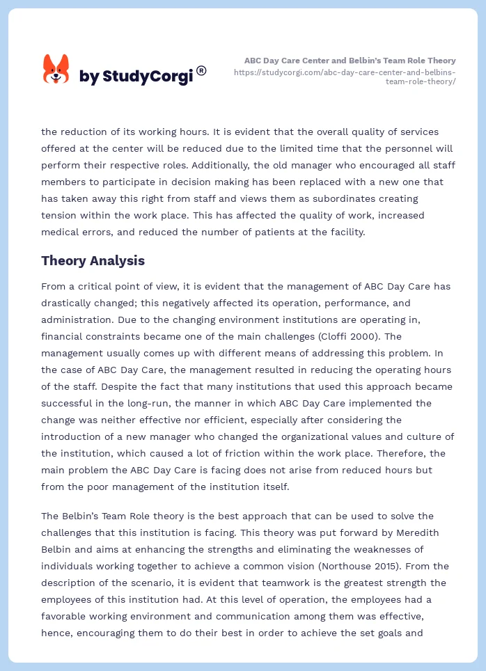 ABC Day Care Center and Belbin's Team Role Theory | Free Essay Example