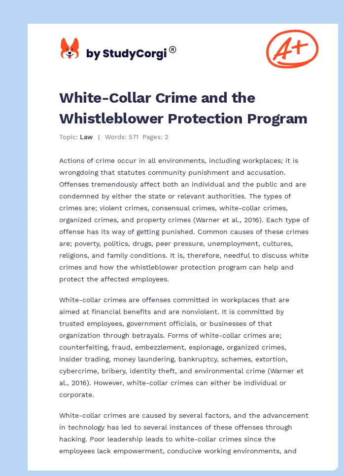 White-Collar Crime and the Whistleblower Protection Program. Page 1