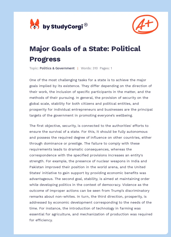 Major Goals of a State: Political Progress. Page 1