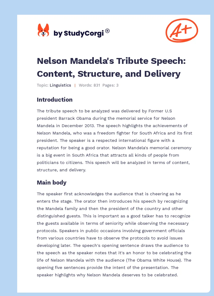 Nelson Mandela's Tribute Speech: Content, Structure, and Delivery. Page 1