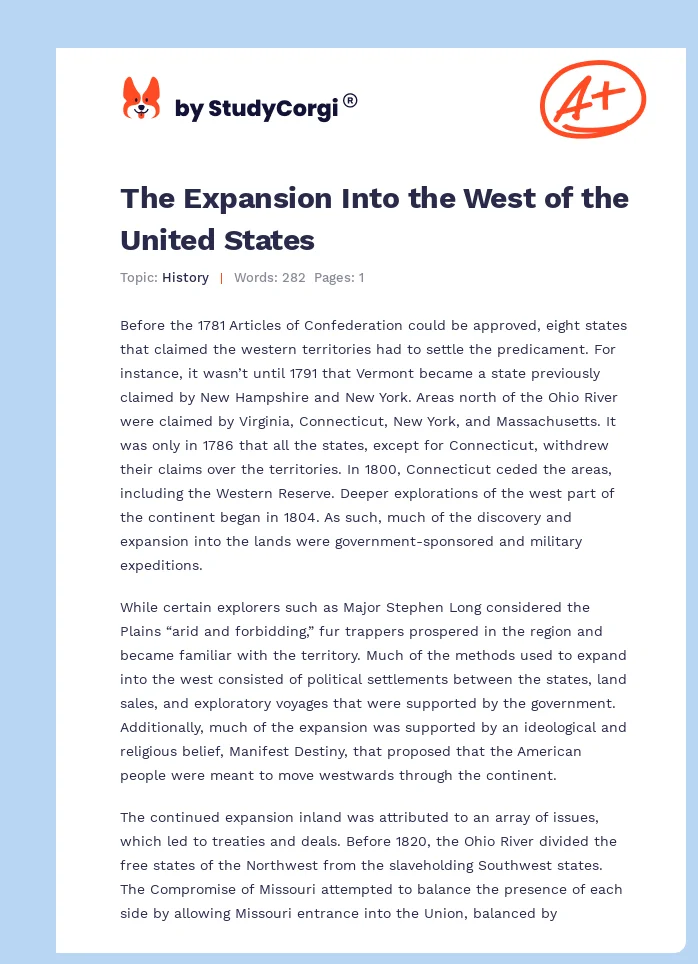 The Expansion Into the West of the United States. Page 1