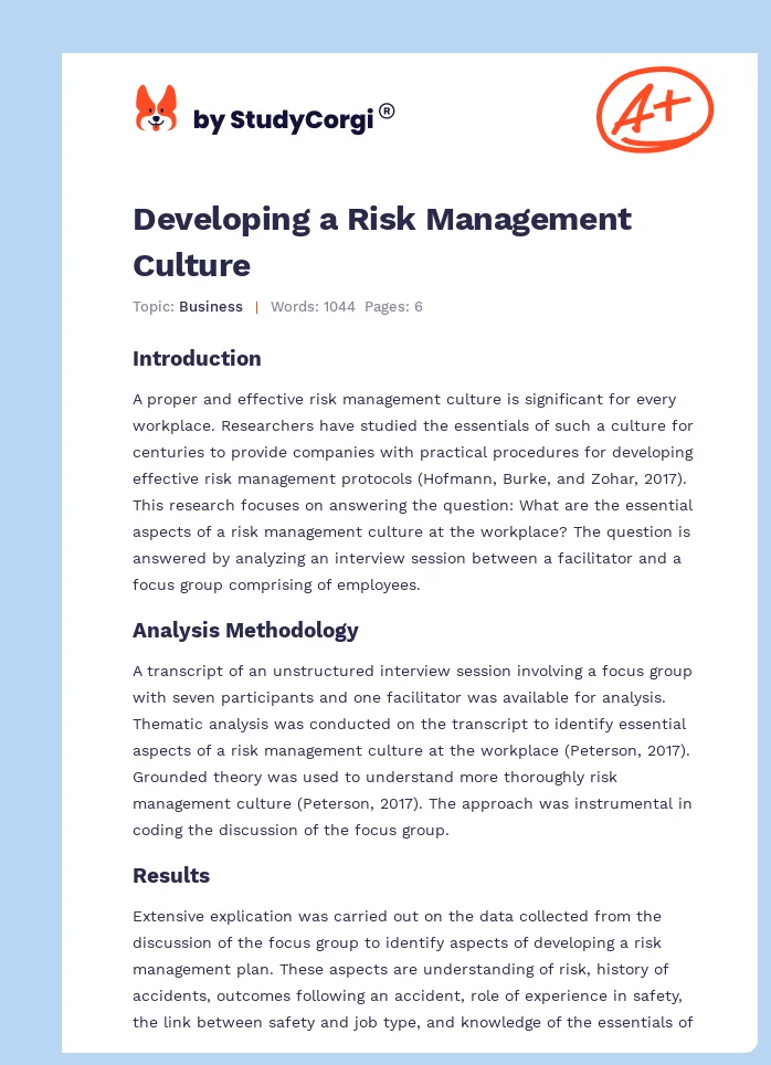 Developing a Risk Management Culture. Page 1