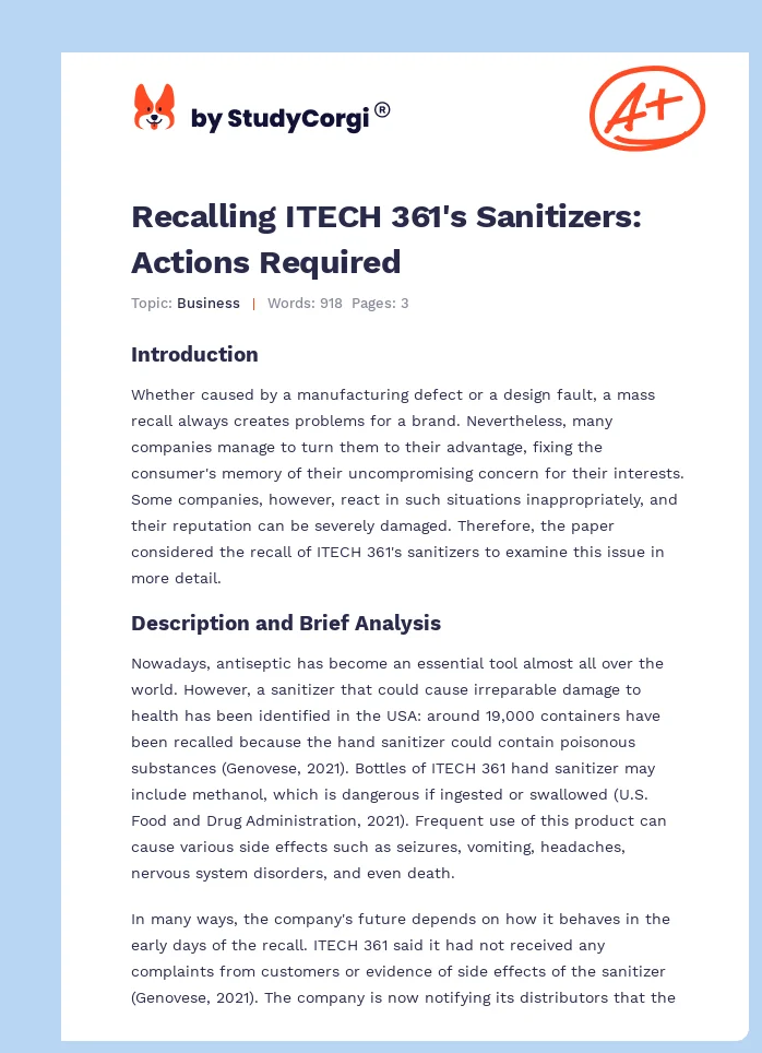 Recalling ITECH 361's Sanitizers: Actions Required. Page 1