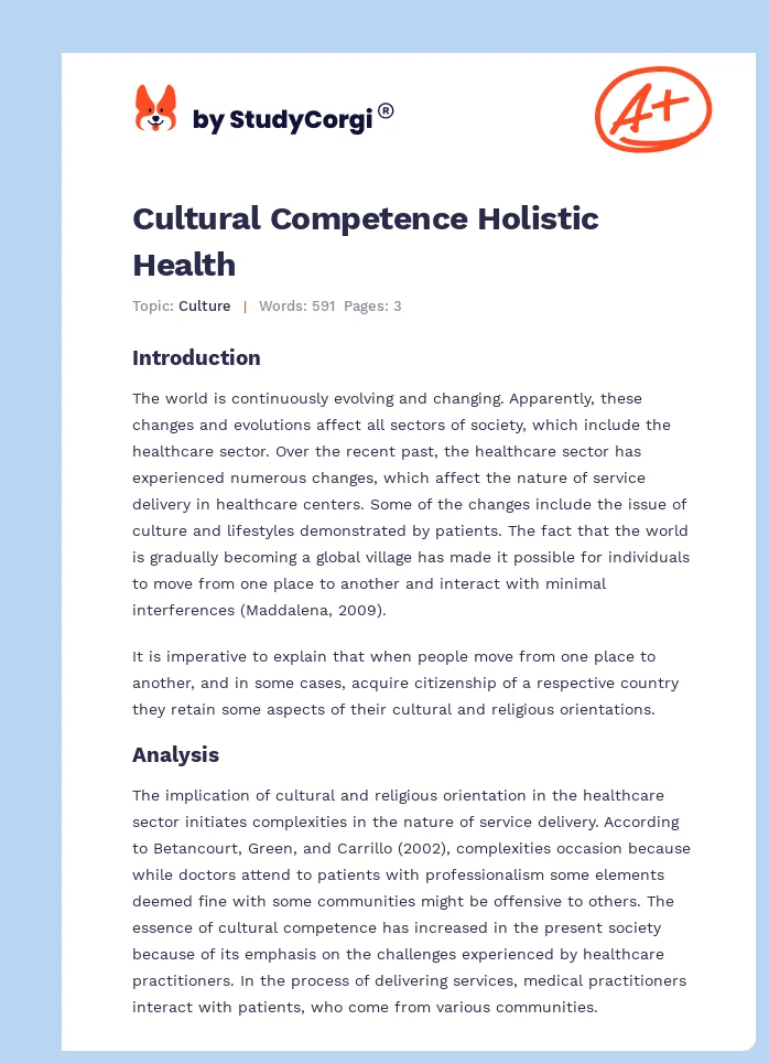 Cultural Competence Holistic Health. Page 1