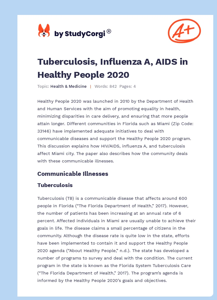 Tuberculosis, Influenza A, AIDS in Healthy People 2020. Page 1