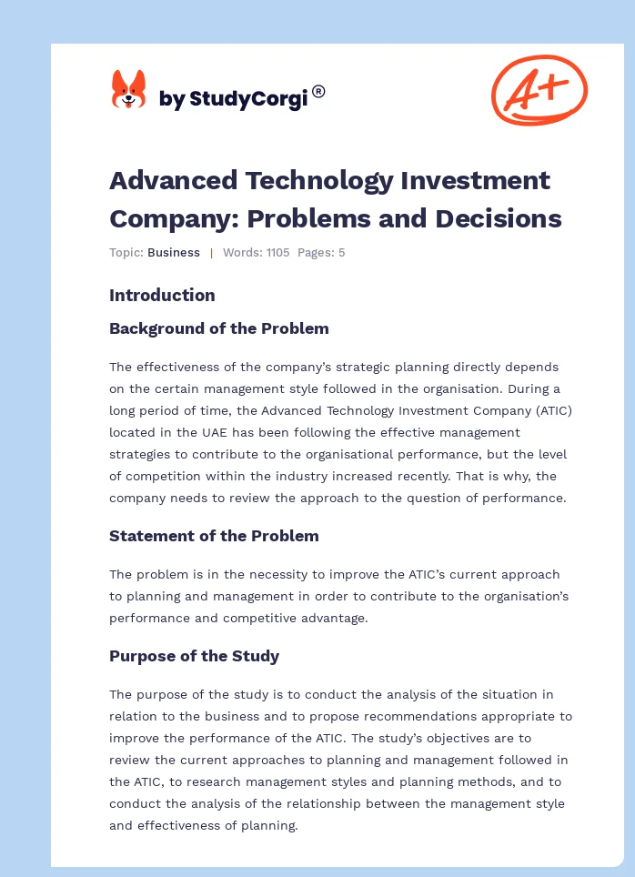 Advanced Technology Investment Company: Problems and Decisions. Page 1