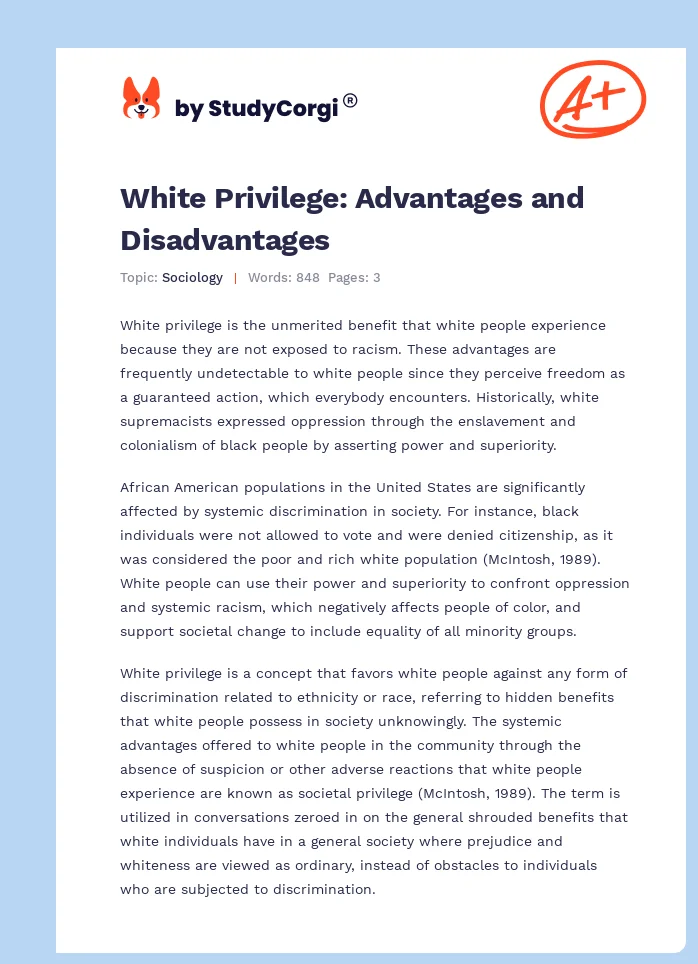 White Privilege: Advantages and Disadvantages. Page 1