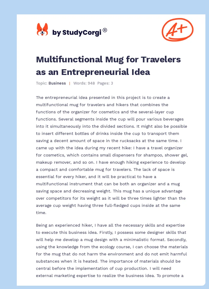 Multifunctional Mug for Travelers as an Entrepreneurial Idea. Page 1