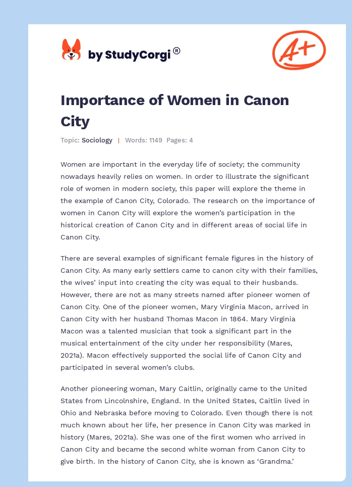 Importance of Women in Canon City. Page 1