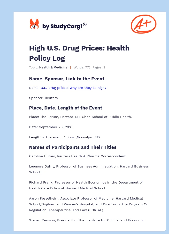 High U.S. Drug Prices: Health Policy Log. Page 1