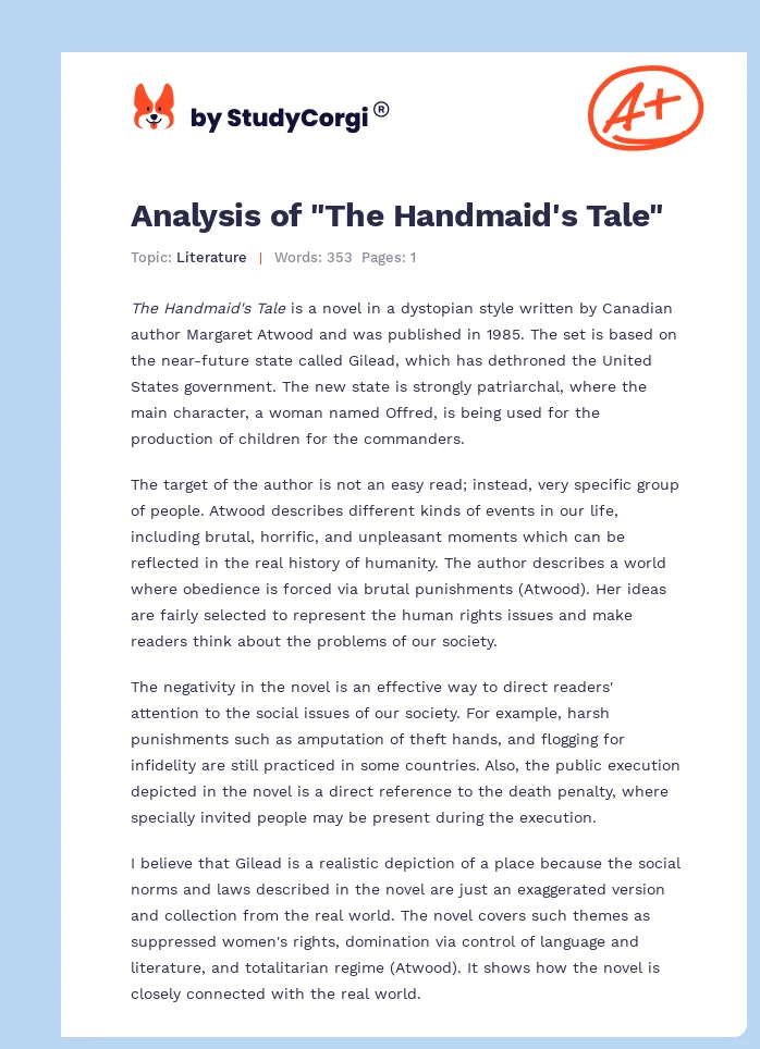 literary analysis essay handmaid's tale