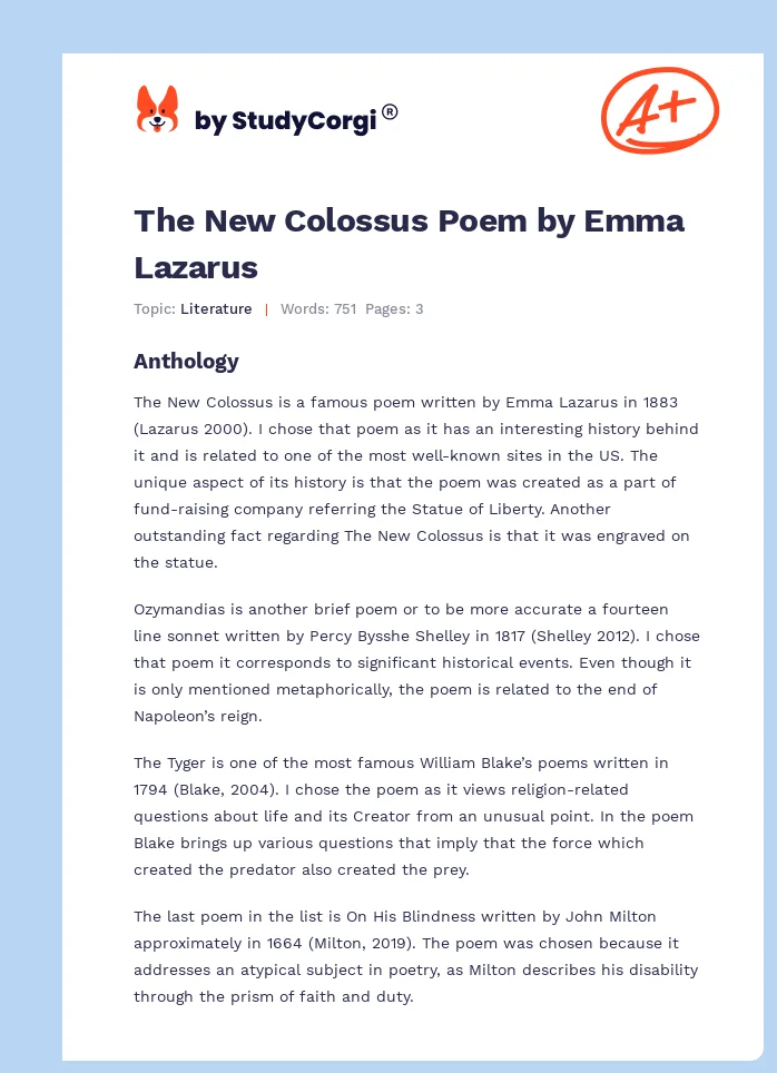 The New Colossus Poem by Emma Lazarus. Page 1