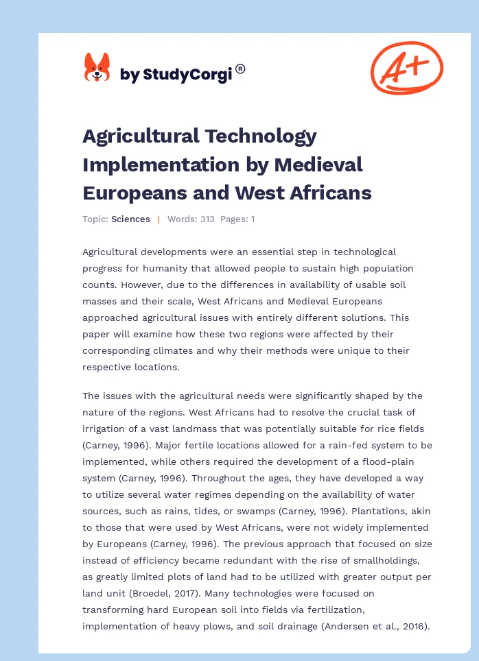 Agricultural Technology Implementation by Medieval Europeans and West Africans. Page 1