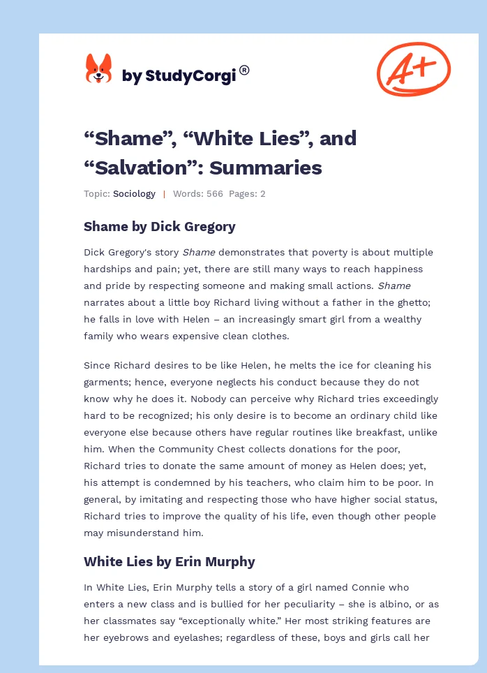 “Shame”, “White Lies”, and “Salvation”: Summaries. Page 1