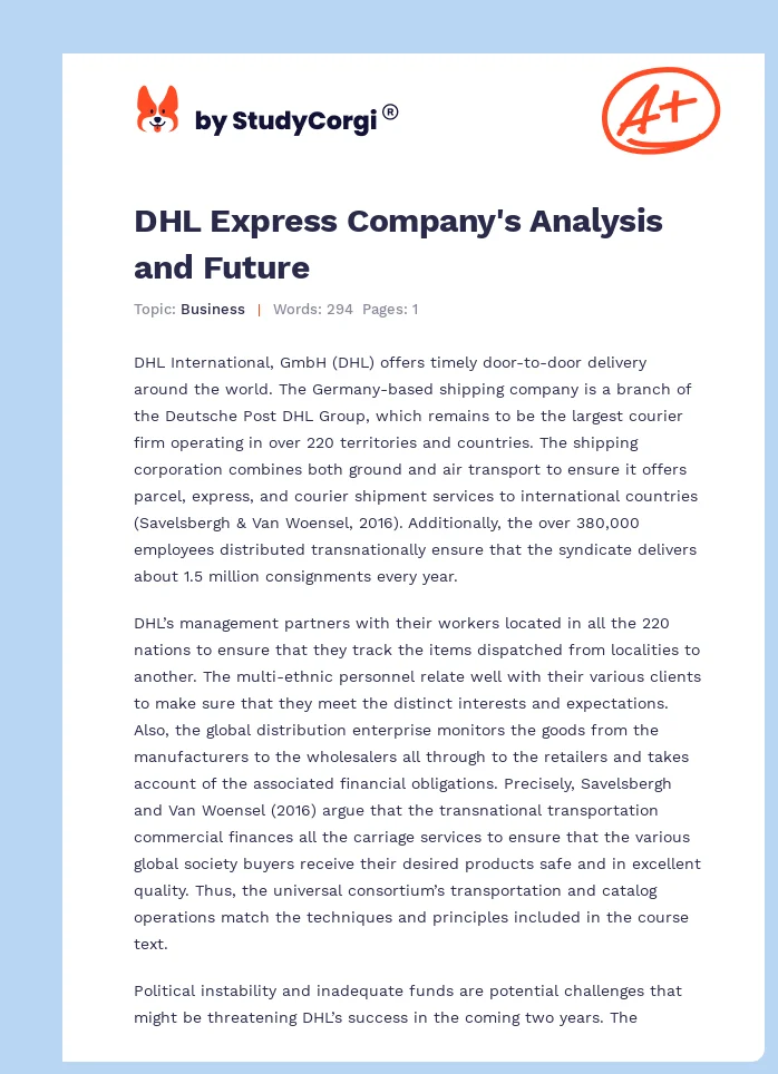 DHL Express Company's Analysis and Future. Page 1