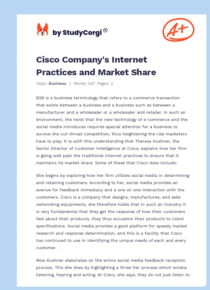 Cisco Company's Internet Practices and Market Share. Page 1