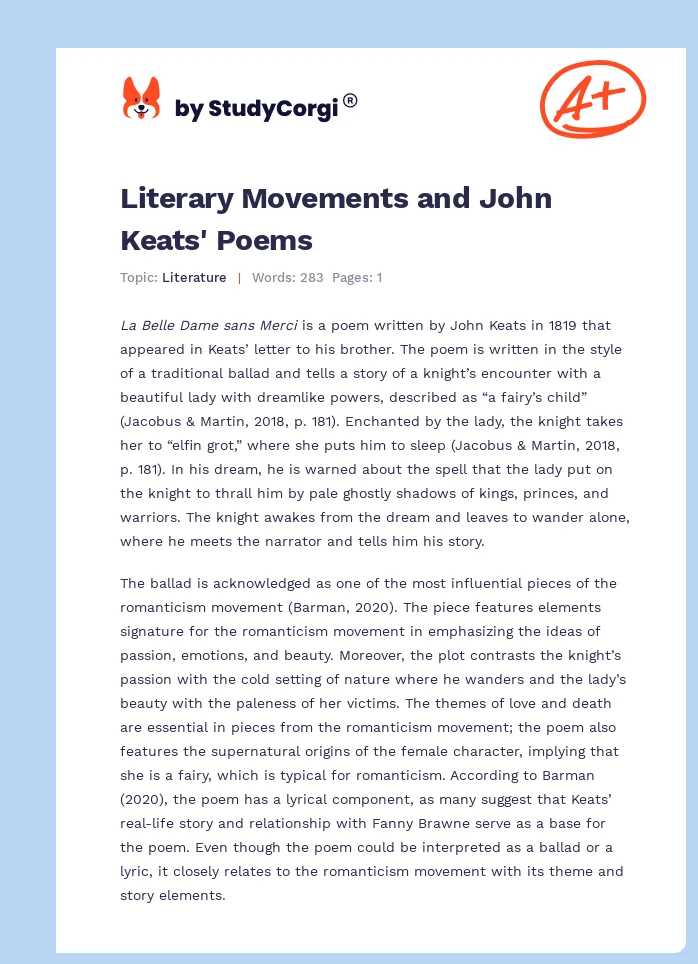 Literary Movements and John Keats' Poems. Page 1