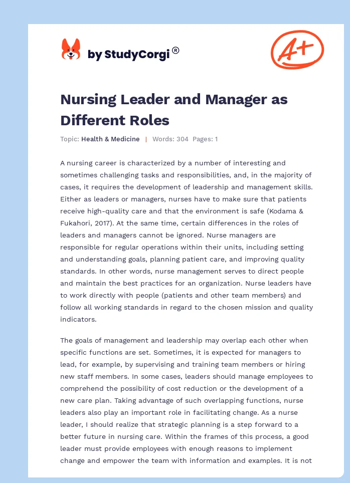 Nursing Leader and Manager as Different Roles. Page 1