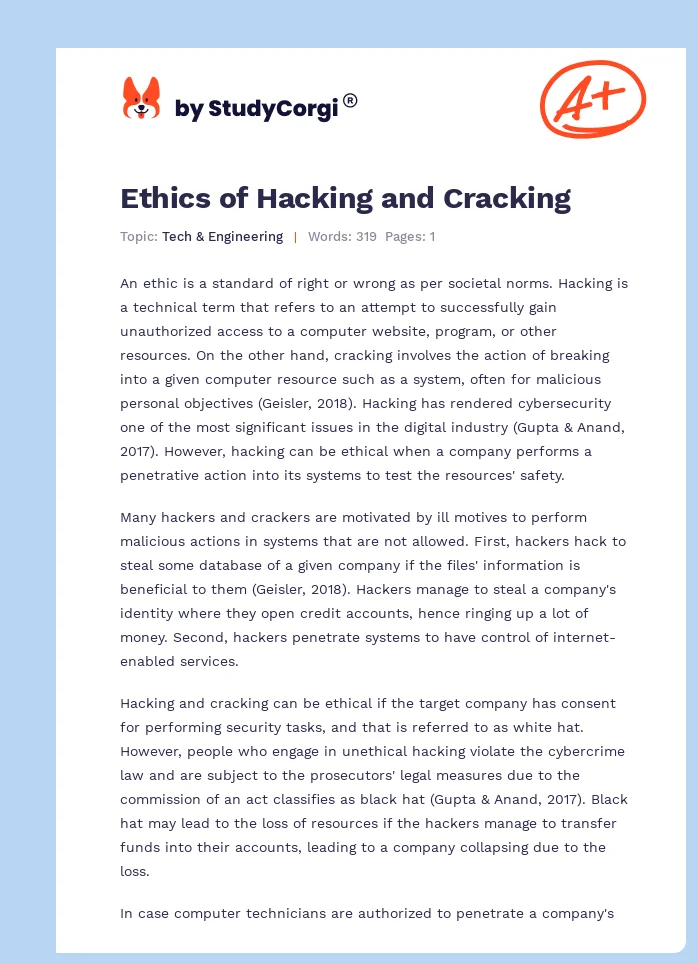 Ethics of Hacking and Cracking. Page 1