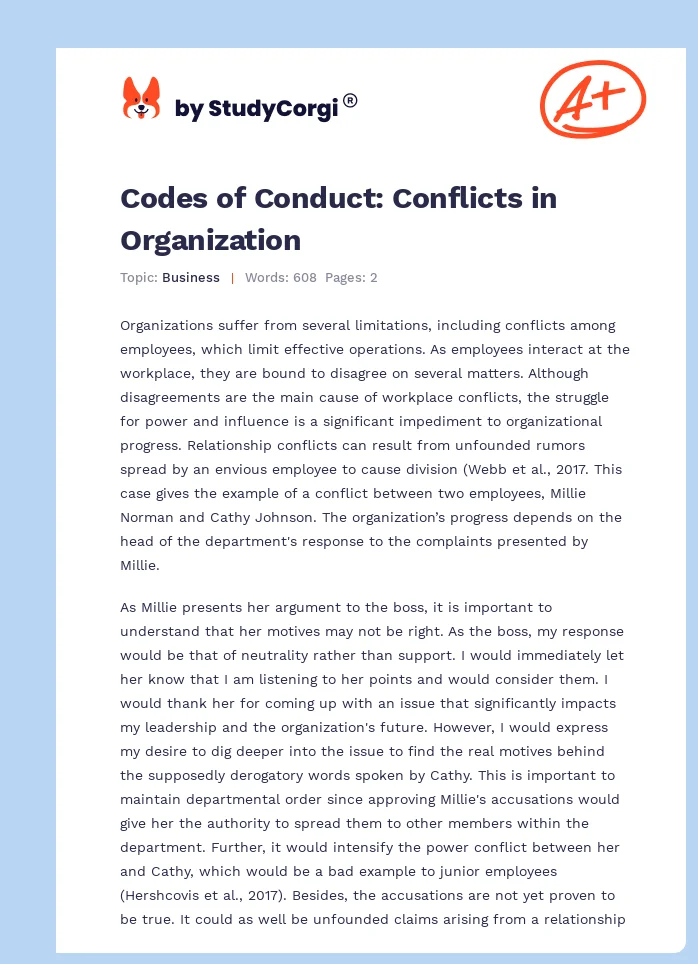 Codes of Conduct: Conflicts in Organization. Page 1