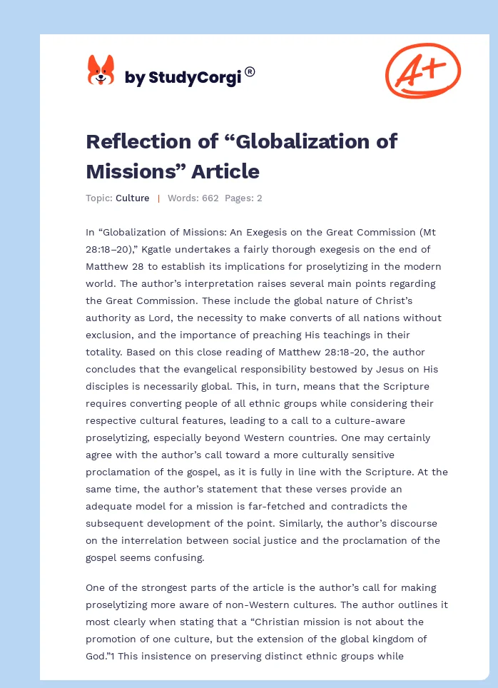 Reflection of “Globalization of Missions” Article. Page 1