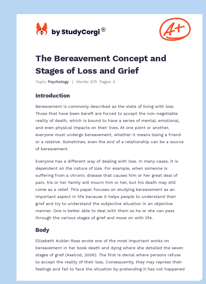 The Bereavement Concept and Stages of Loss and Grief. Page 1
