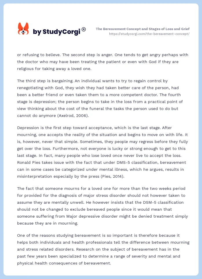 The Bereavement Concept and Stages of Loss and Grief. Page 2