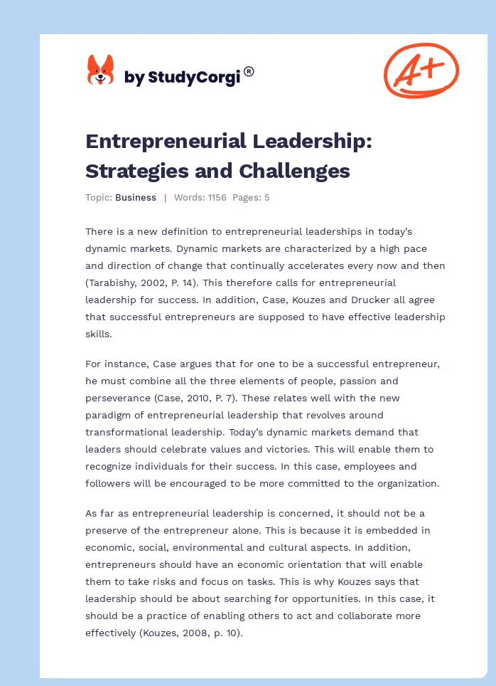 Entrepreneurial Leadership: Strategies and Challenges. Page 1