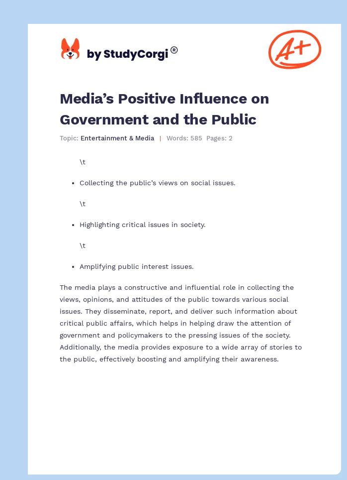 Media’s Positive Influence on Government and the Public. Page 1