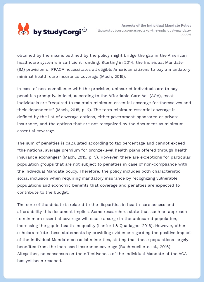 Aspects of the Individual Mandate Policy. Page 2