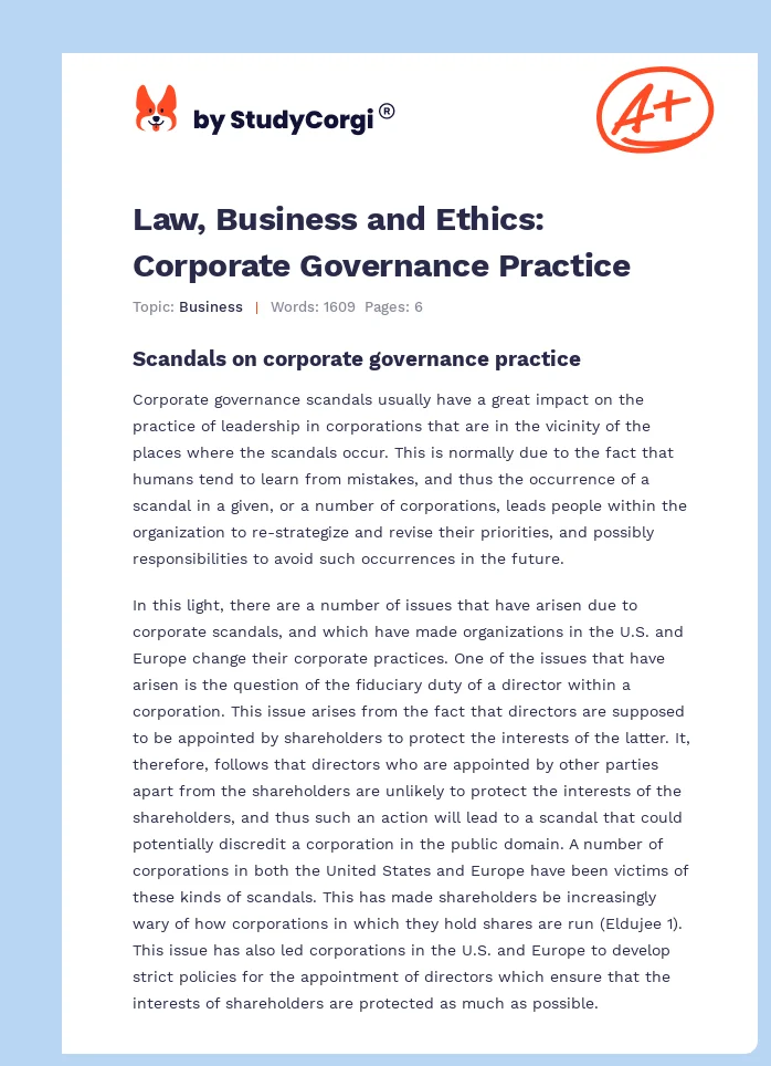 Law, Business and Ethics: Corporate Governance Practice. Page 1
