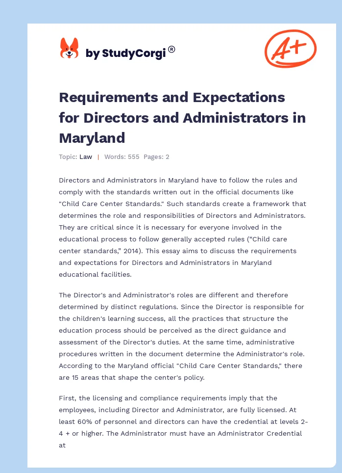 Requirements and Expectations for Directors and Administrators in Maryland. Page 1