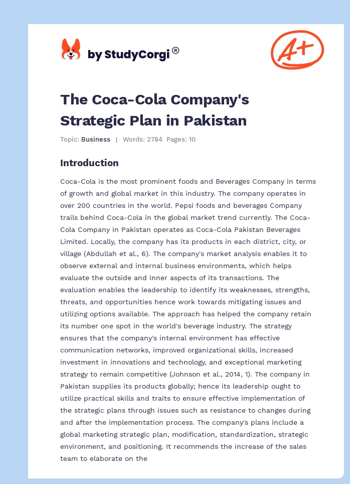 The Coca-Cola Company's Strategic Plan in Pakistan. Page 1