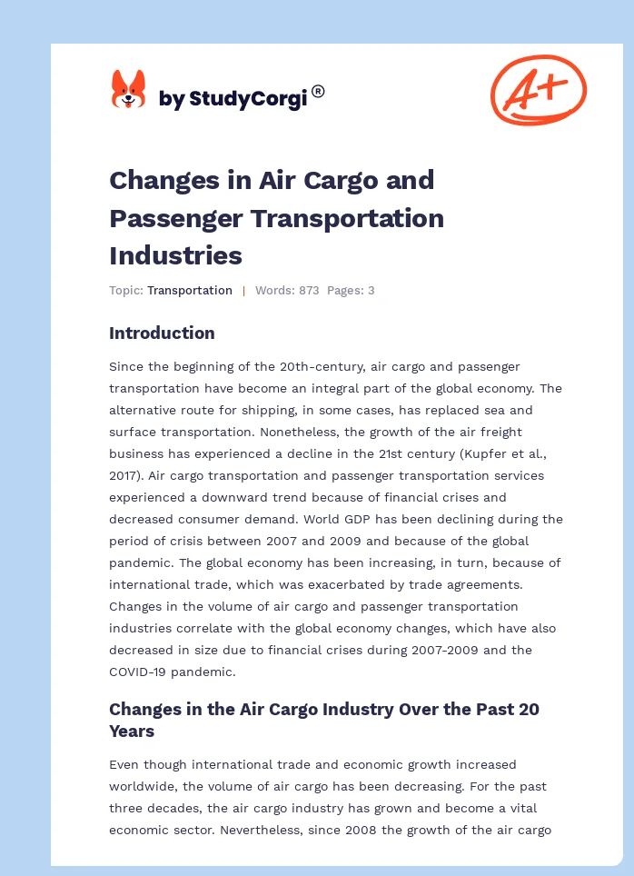 Changes in Air Cargo and Passenger Transportation Industries. Page 1