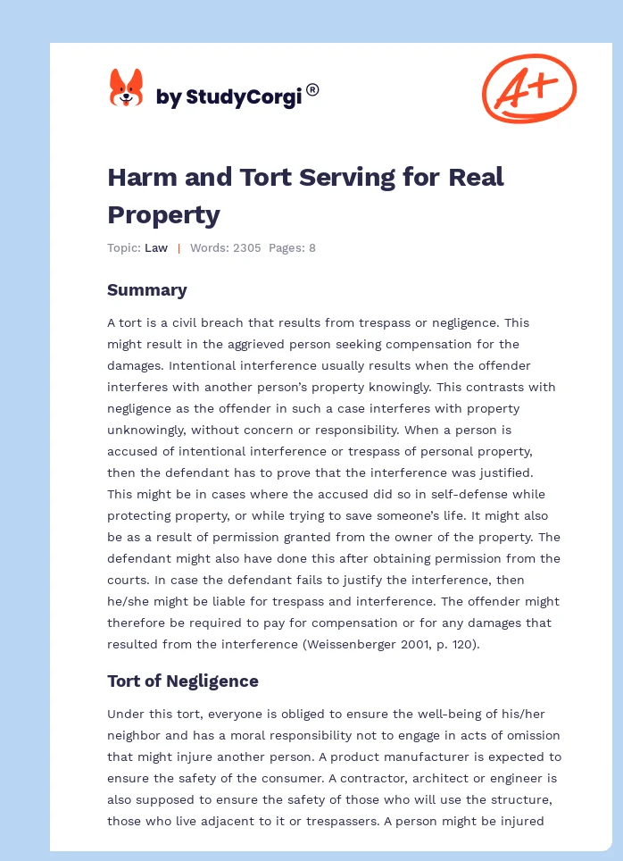 Harm and Tort Serving for Real Property. Page 1
