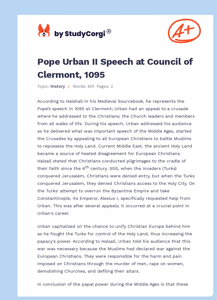 Pope Urban II Speech at Council of Clermont, 1095. Page 1