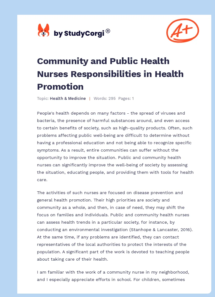 Community and Public Health Nurses Responsibilities in Health Promotion. Page 1