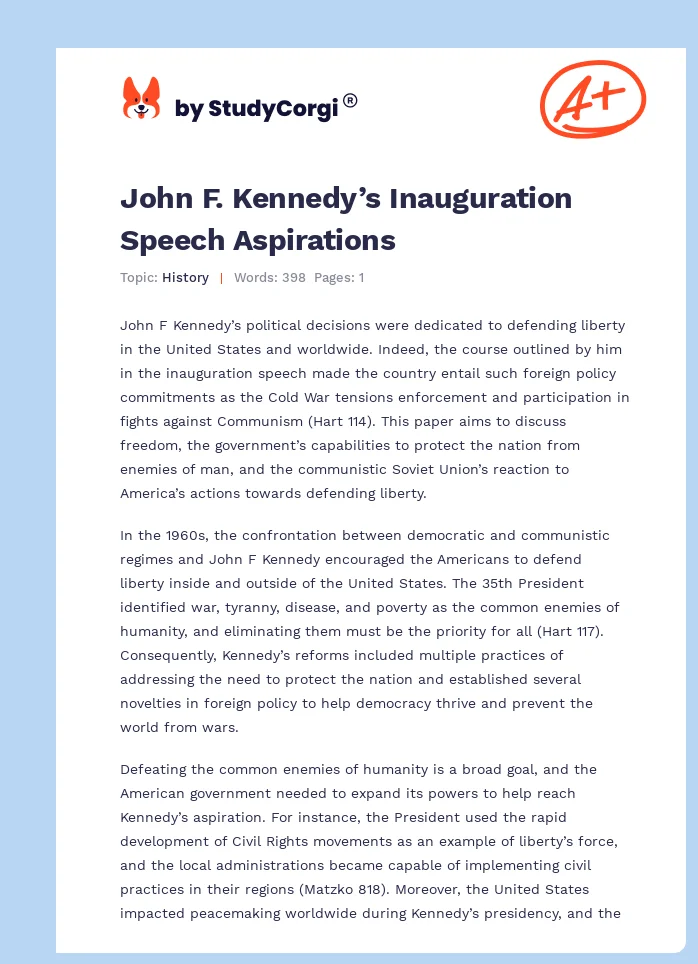 John F. Kennedy’s Inauguration Speech Aspirations. Page 1